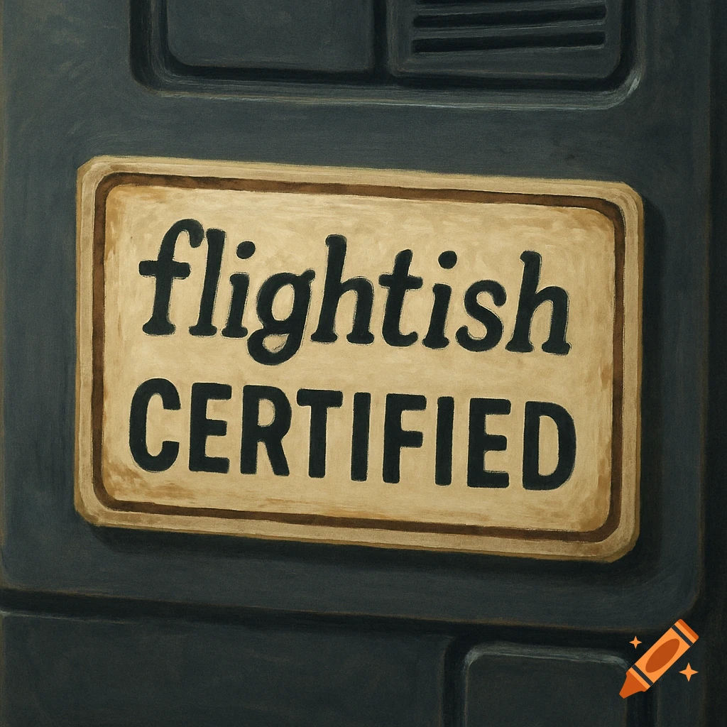 An illustrative close-up of a light brown label with black text 'flightish CERTIFIED' on a dark gray surface.