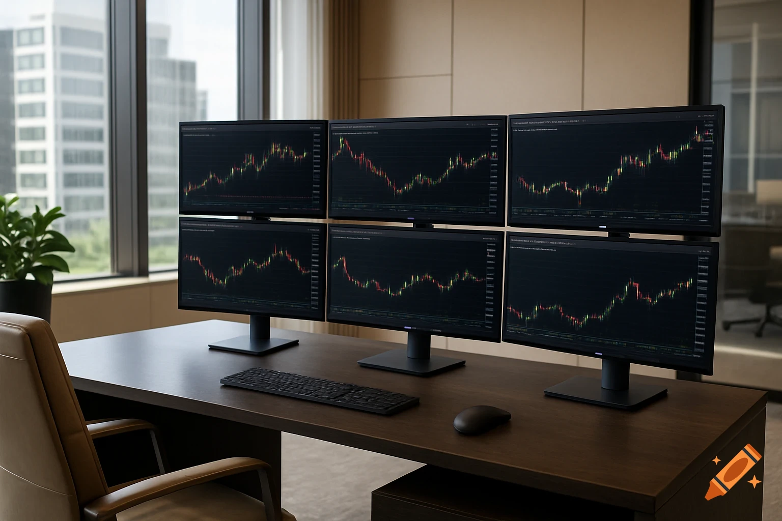Six computer monitors display vibrant stock trading graphs on a sleek desk in a modern high-end office, with a large window overlooking city buildings.