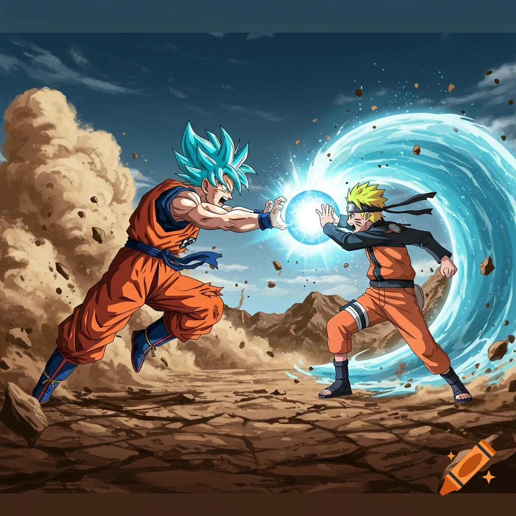 Goku and Naruto face off, each charging a blue energy attack in a barren, rocky landscape under a dramatic sky.