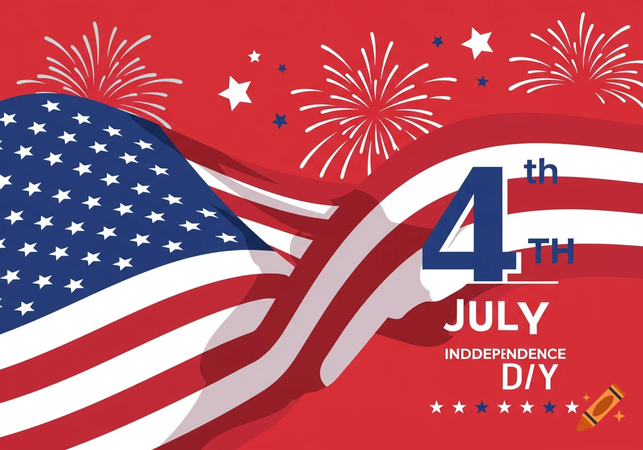 A vibrant red, white, and blue graphic celebrating July 4th with a waving American flag, fireworks, and stars.