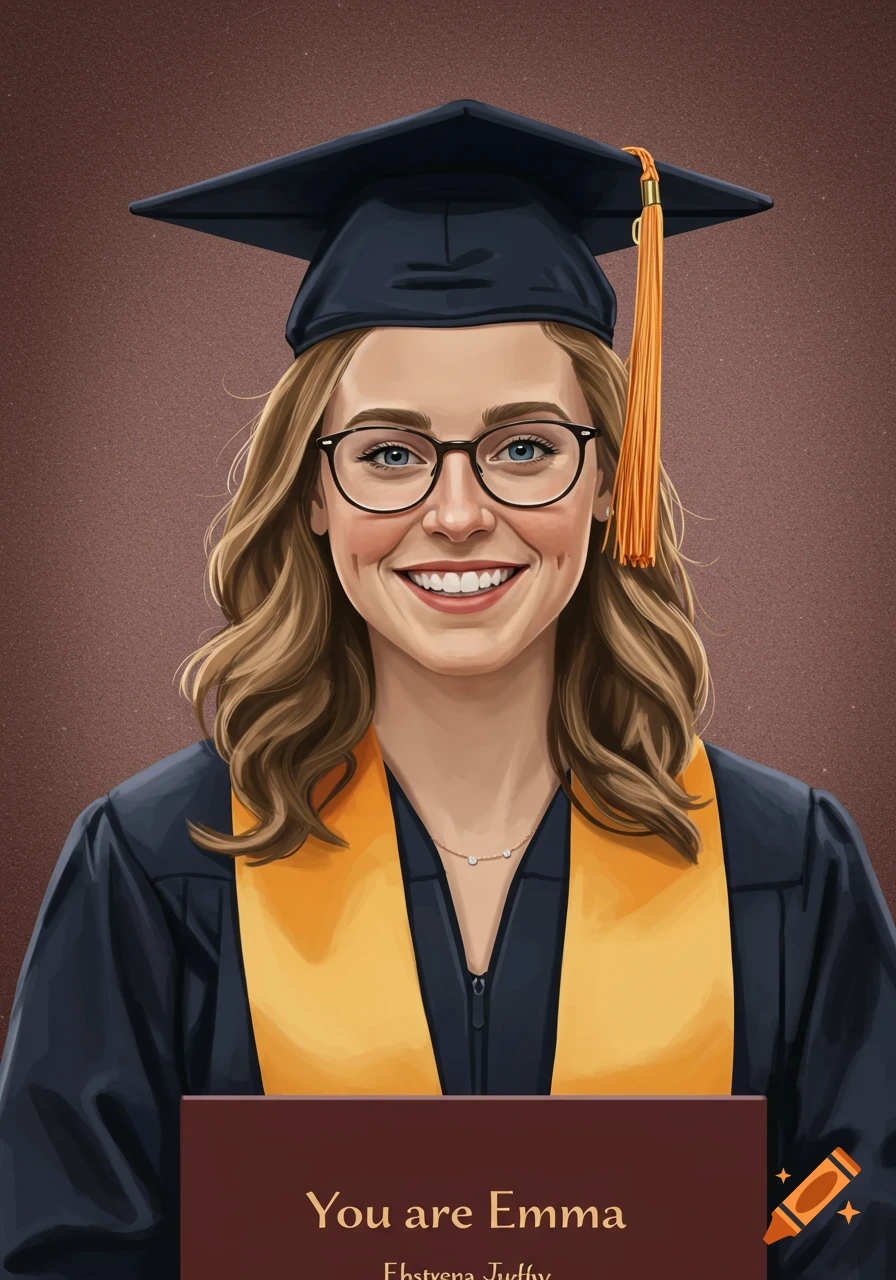 A smiling young woman with glasses and wavy brown hair, wearing a black graduation cap and gown with a gold stole, holds a red plaque.