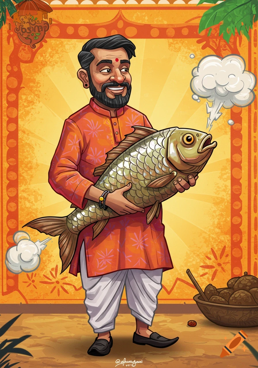 Smiling cartoon Indian man in traditional attire holding a large fish that is humorously emitting smoke. Illustrated.