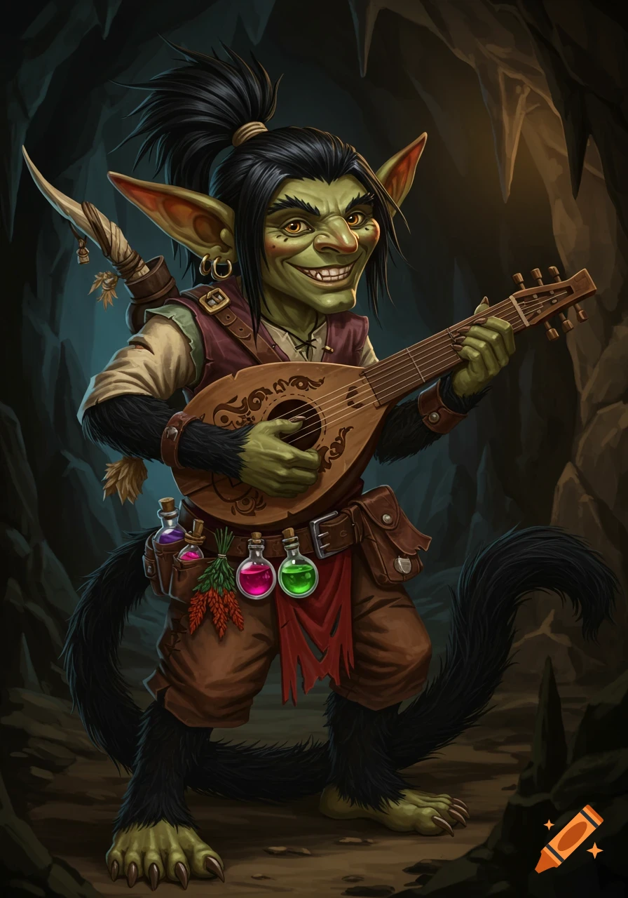A green-skinned goblin with black hair and a furred tail plays a lute while standing in a dark cave, wearing a belt with potions and herbs.