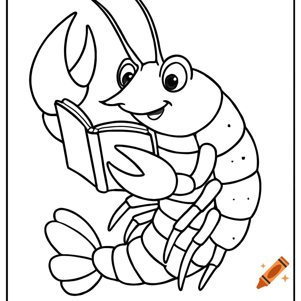 Cartoon crayfish reading a book, black and white coloring page.