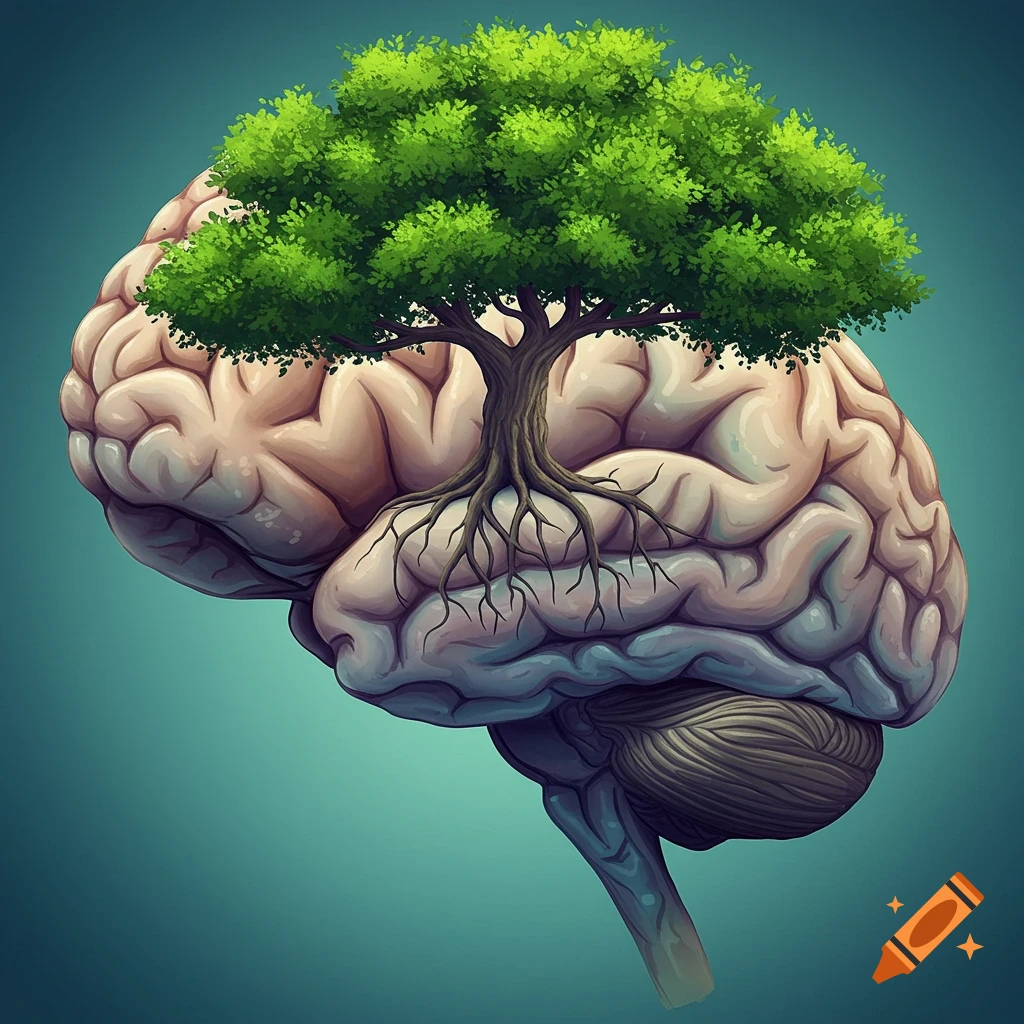 A detailed illustration of a human brain with a vibrant green tree growing from its top, roots intertwined with the brain's folds.
