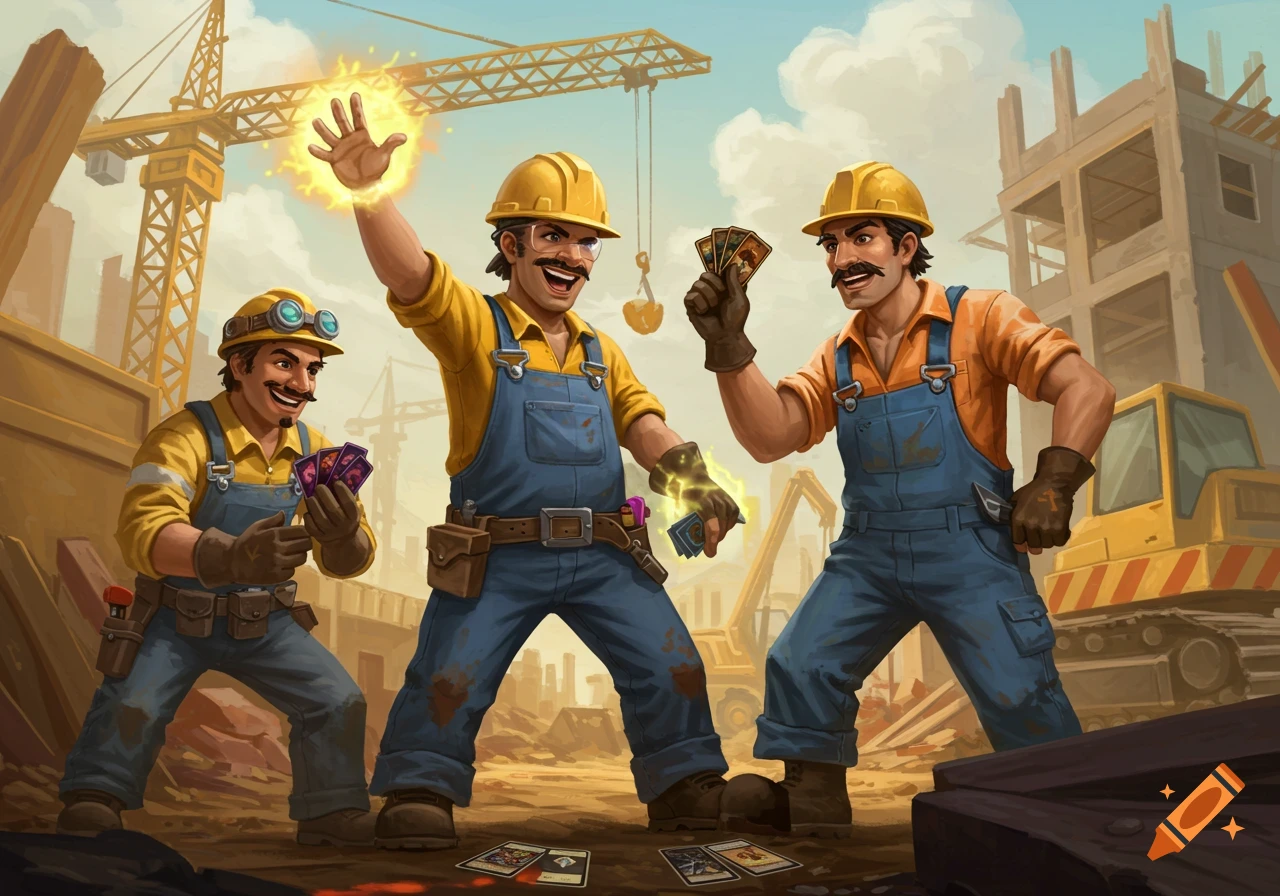 Three stylized construction workers in hard hats and overalls are excitedly playing a card game at a construction site, with one worker conjuring a glowing orb.