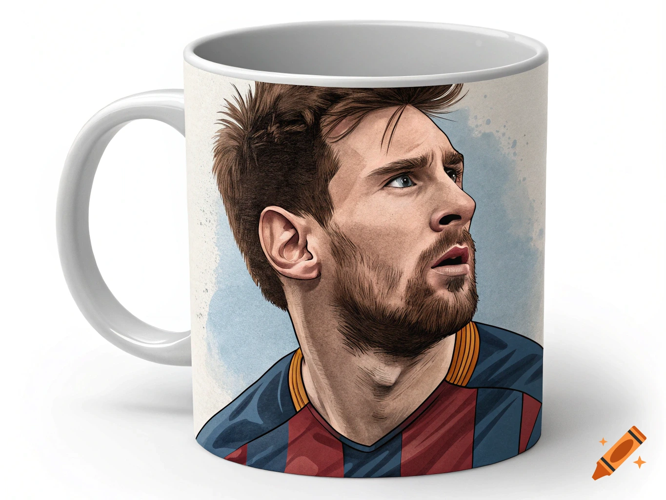 A white mug with a stylized illustration of Lionel Messi wearing a striped jersey, looking up.