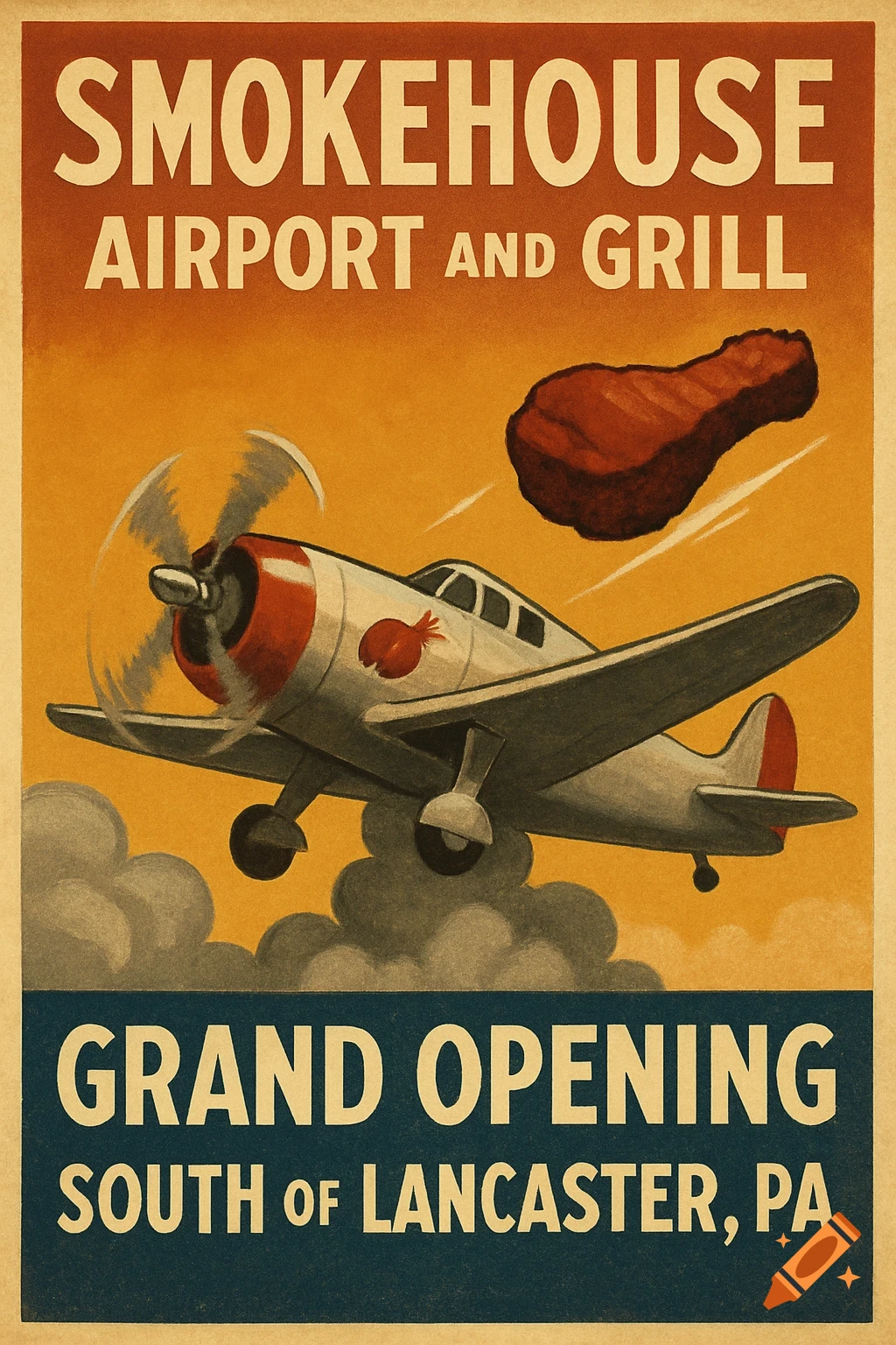 Vintage poster for 'Smokehouse Airport and Grill' featuring a plane and a flying BBQ drumstick. Text: Grand Opening.