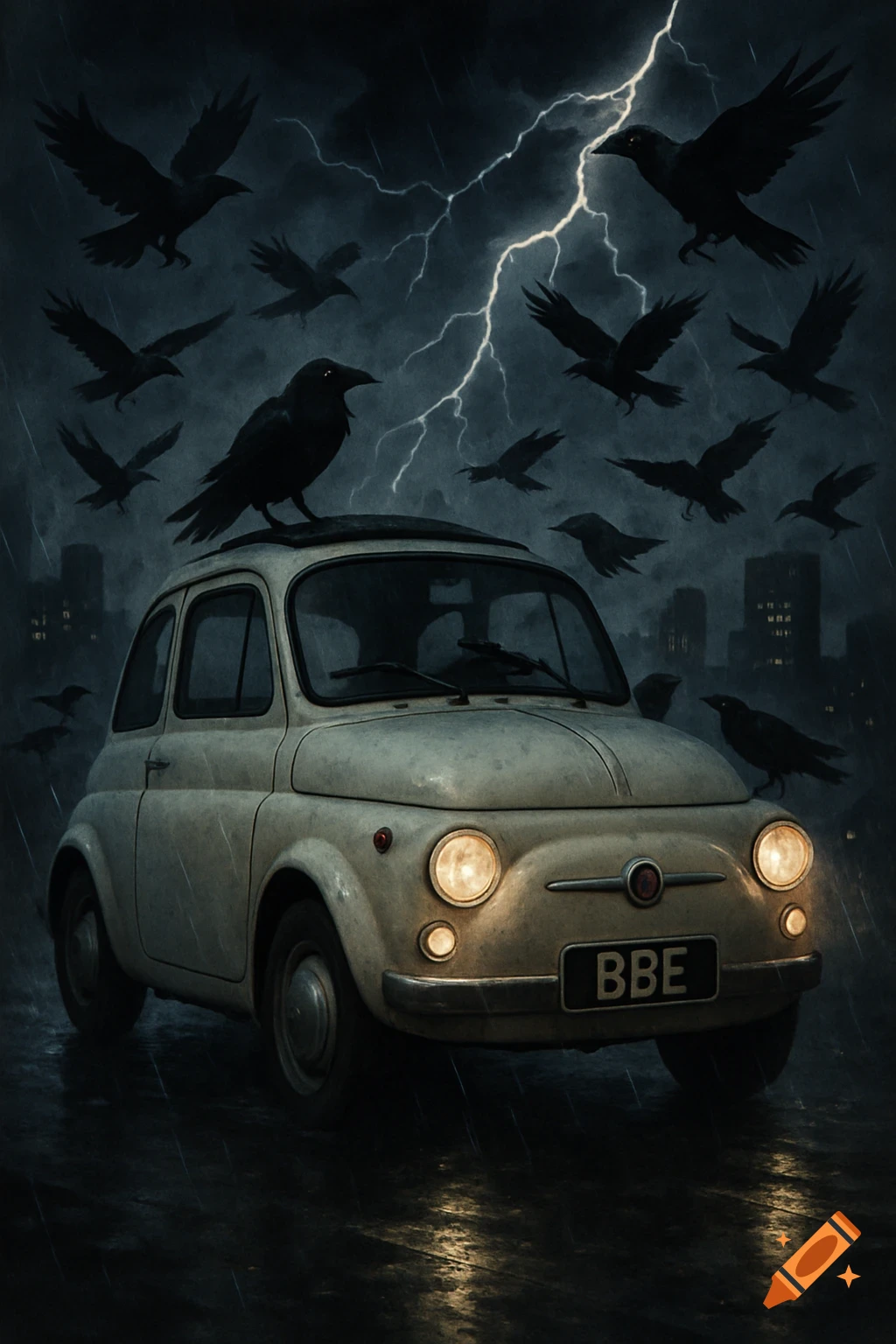A whimsical white Fiat 500 with headlights on, surrounded by flying crows under a dark, stormy sky with lightning, in a rainy city.