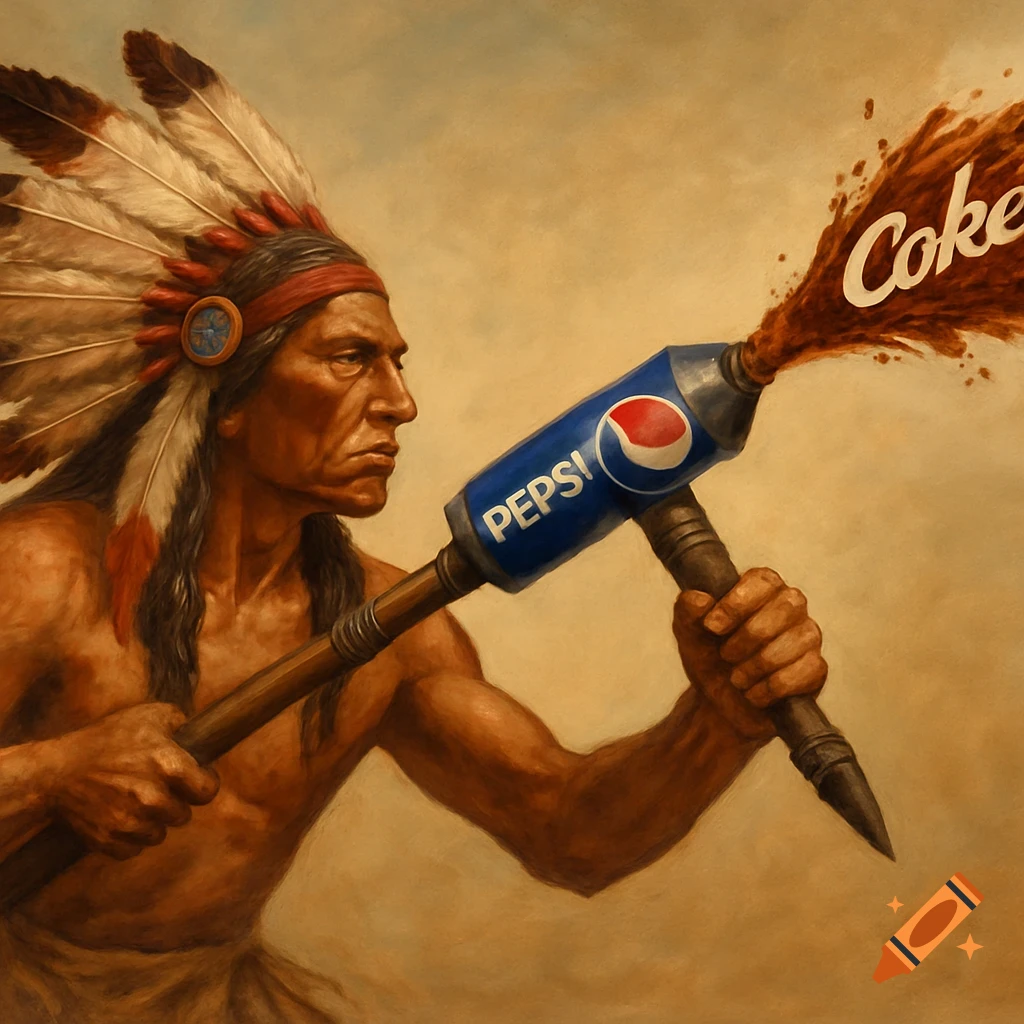 A painting of a Native American man in a feathered headdress, holding a weapon made from a Pepsi can that sprays "Coke."