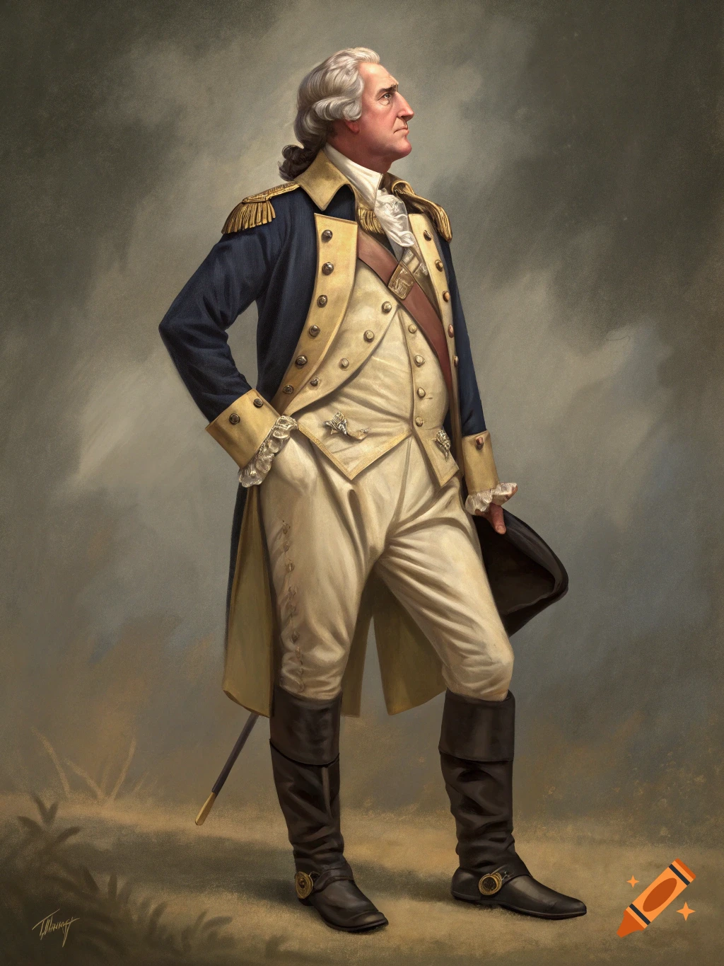 Full-body realistic painting of George Washington in a blue and cream 18th-century military uniform, looking right.
