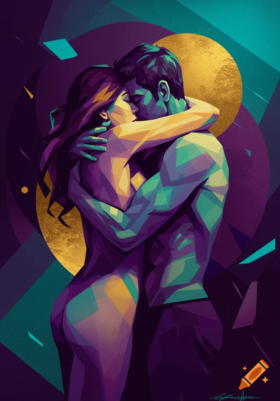 Abstract geometric art of a man and a woman embracing, rendered in vibrant purple, teal, and gold tones.