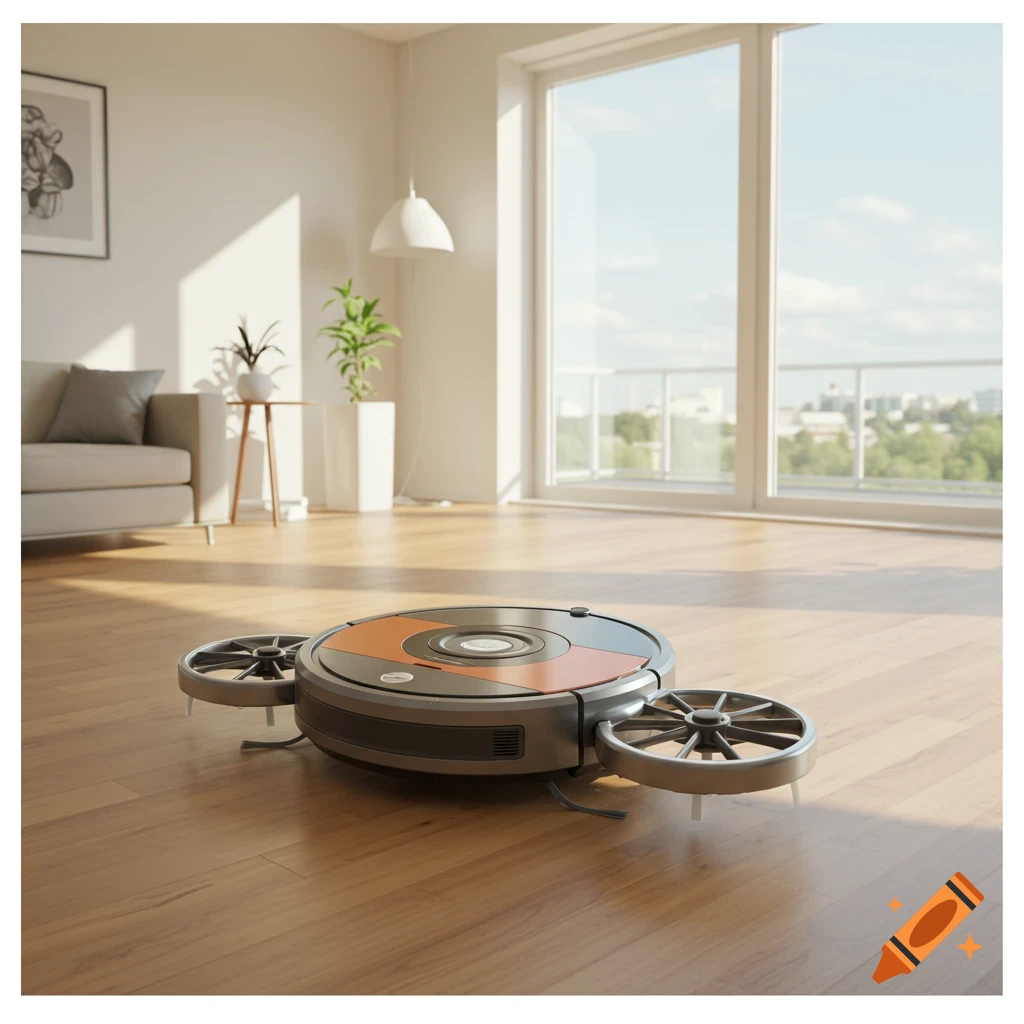 A futuristic robot vacuum with side-mounted propellers sits on a wooden floor in a sunlit modern living room.