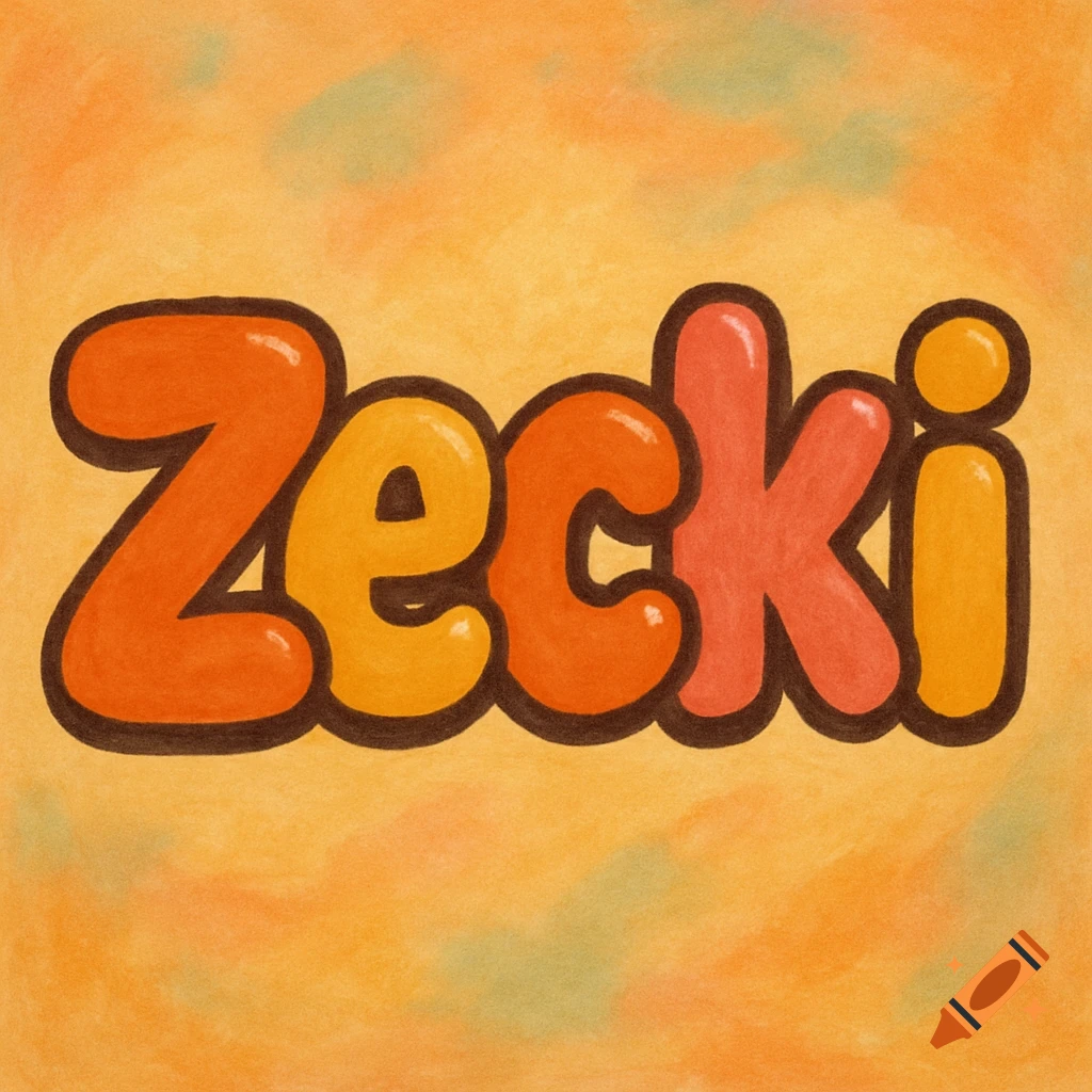 Hand-drawn bubble letters spelling 'Zecki' in shades of orange and yellow on a textured orange background.