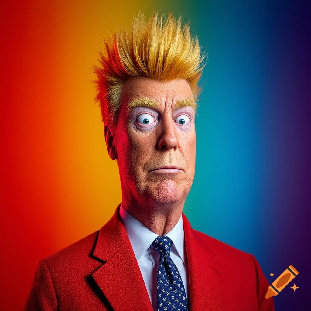 Caricature of Donald Trump with spiky blonde hair and wide eyes, wearing a red suit against a vibrant rainbow background.