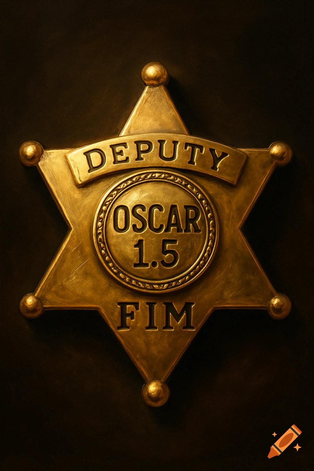 A close-up, photorealistic image of a shiny golden six-pointed sheriff's badge with "DEPUTY" at the top, "OSCAR 1.5" in the center, and "FIM" at the bottom.