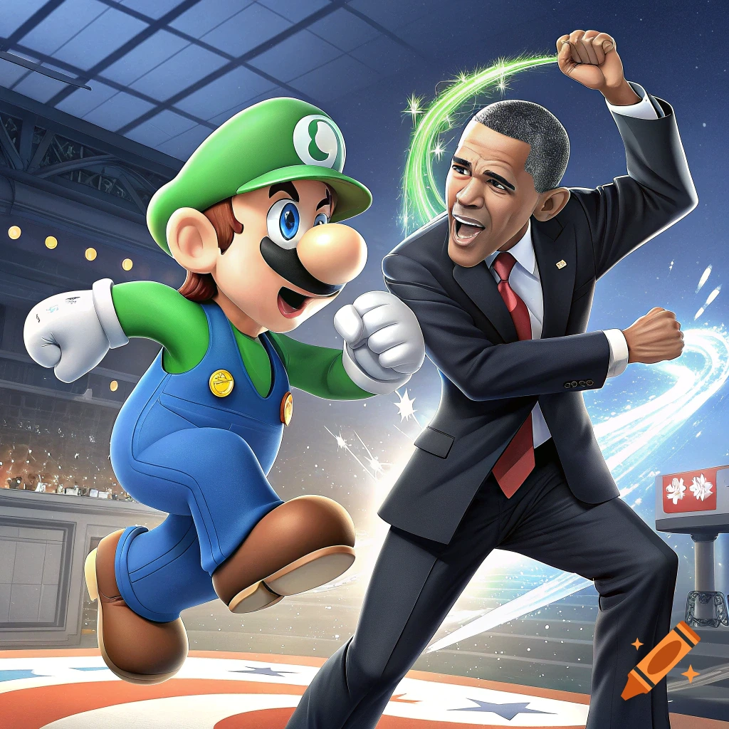Luigi and Barack Obama in dynamic combat poses on an arena stage with a green energy glow around Obama.