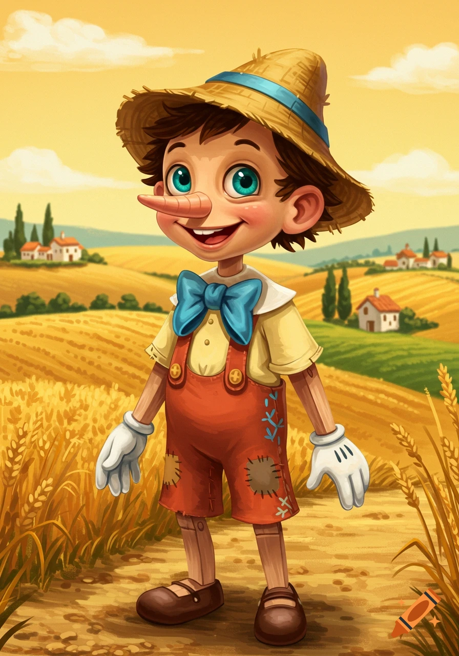 A smiling wooden Pinocchio-like character with a long nose, wearing a straw hat and red overalls, stands in a golden wheat field under a sunny sky in a stylized cartoon illustration.