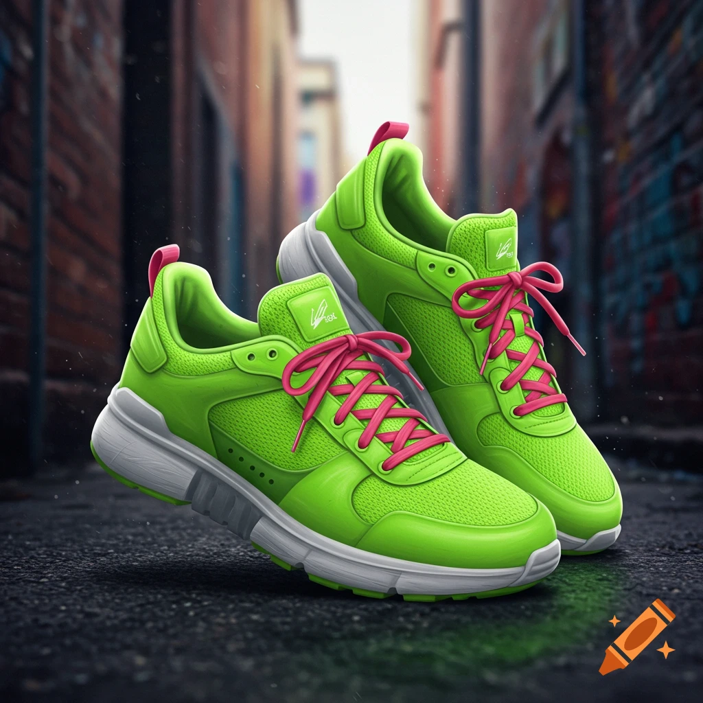Two vibrant lime green sneakers with bright pink laces rest on asphalt in an urban alleyway, with graffiti walls in the background.