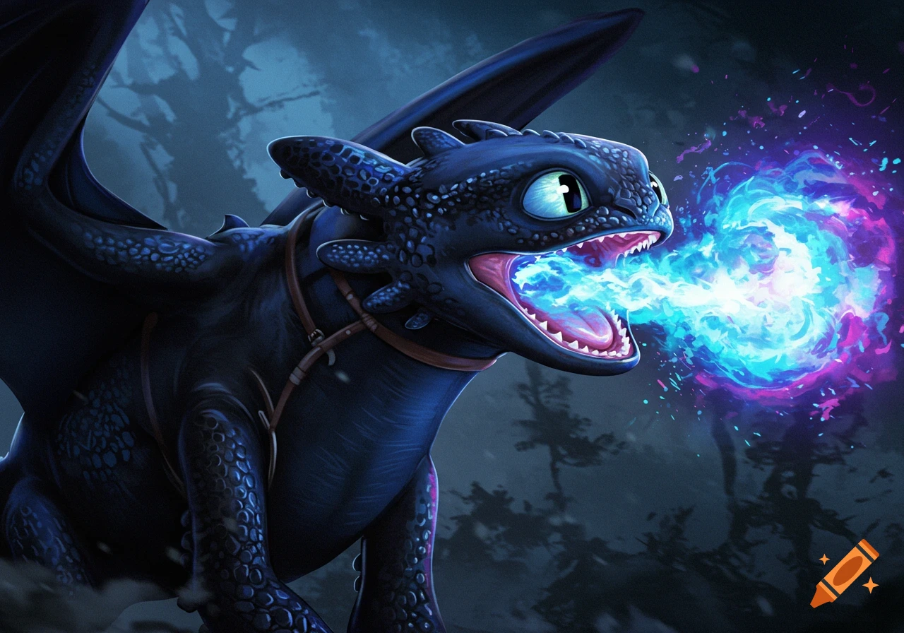 A dark blue dragon, Toothless, breathes vibrant blue and purple fire in a dark, stylized forest.
