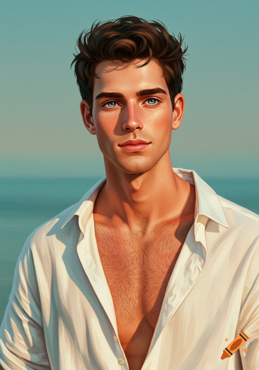 A handsome young man with brown hair and blue eyes, wearing an open white shirt, against a light blue background.