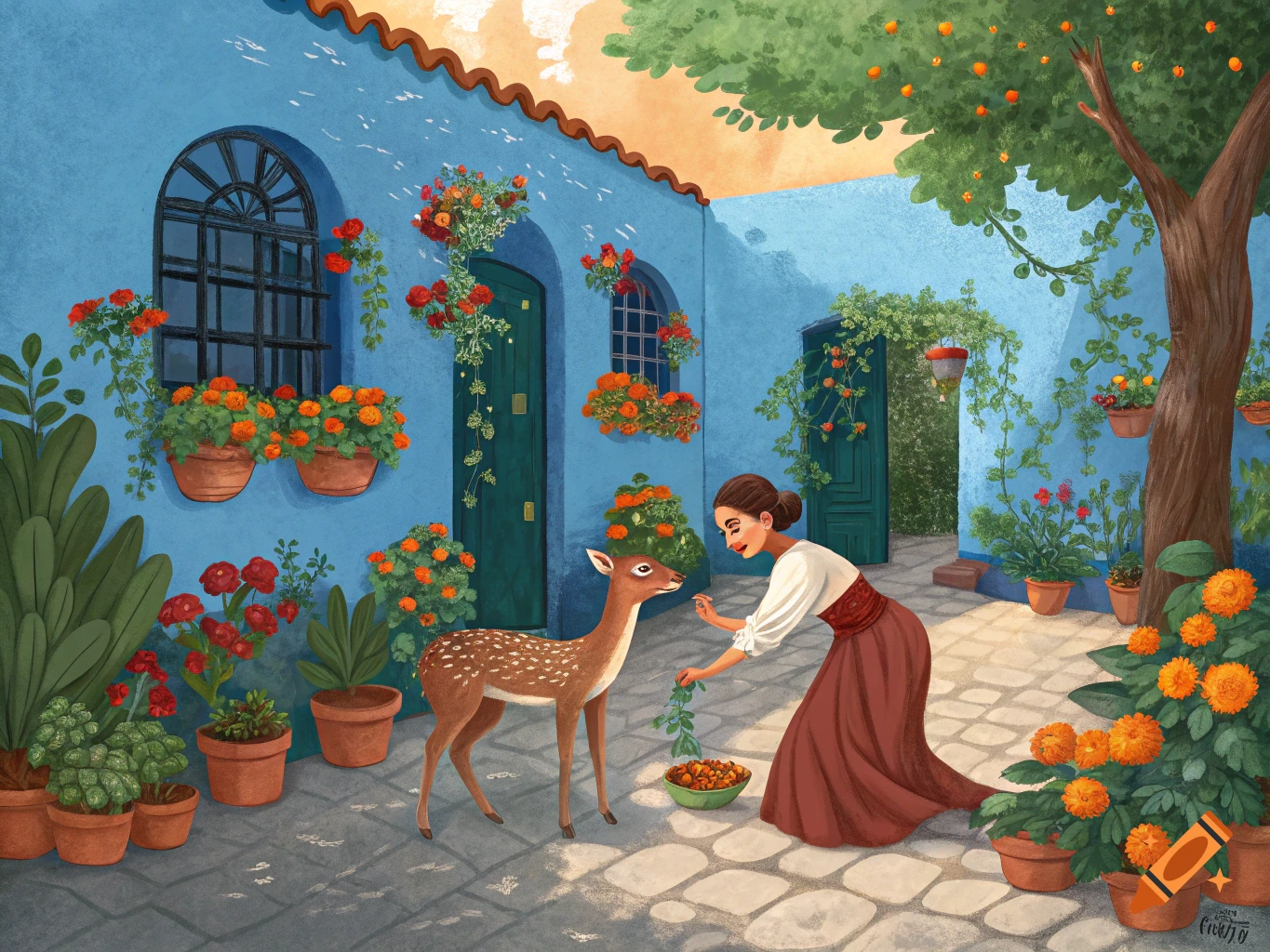 Illustrated scene of a woman in a colorful courtyard garden feeding leaves to a spotted deer.