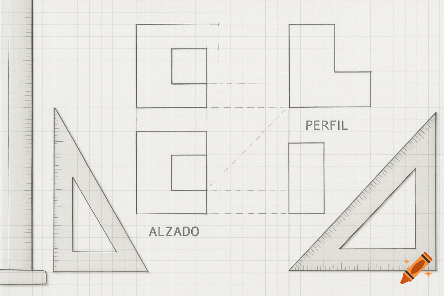 A technical drawing on gridded paper showing 'ALZADO' and 'PERFIL' views of an object, with two set squares and a ruler.