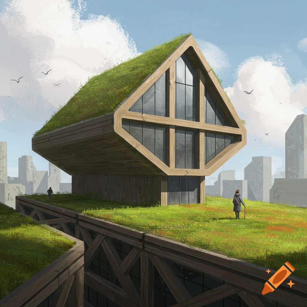 A unique, angular wooden house with a vibrant green roof sits on a grassy hill overlooking a city skyline. Two distant figures walk on the landscape.