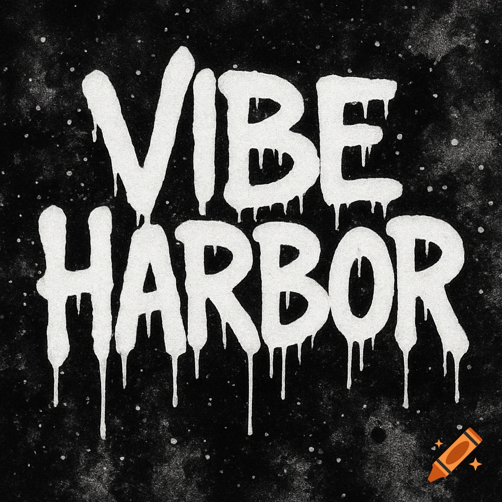 White drippy text 'VIBE HARBOR' on a speckled black grunge background.