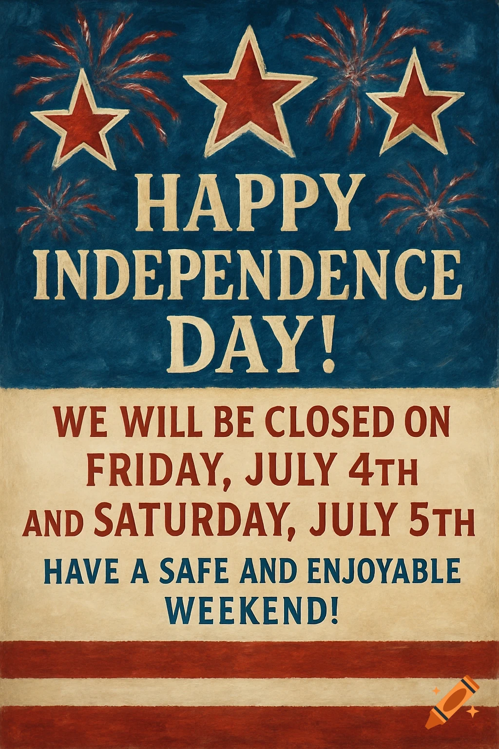 A vintage-style patriotic Independence Day poster with stars, fireworks, and text announcing a business closure.