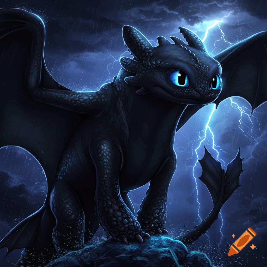 Toothless, a black dragon with blue eyes, stands on a rock during a stormy night with lightning.