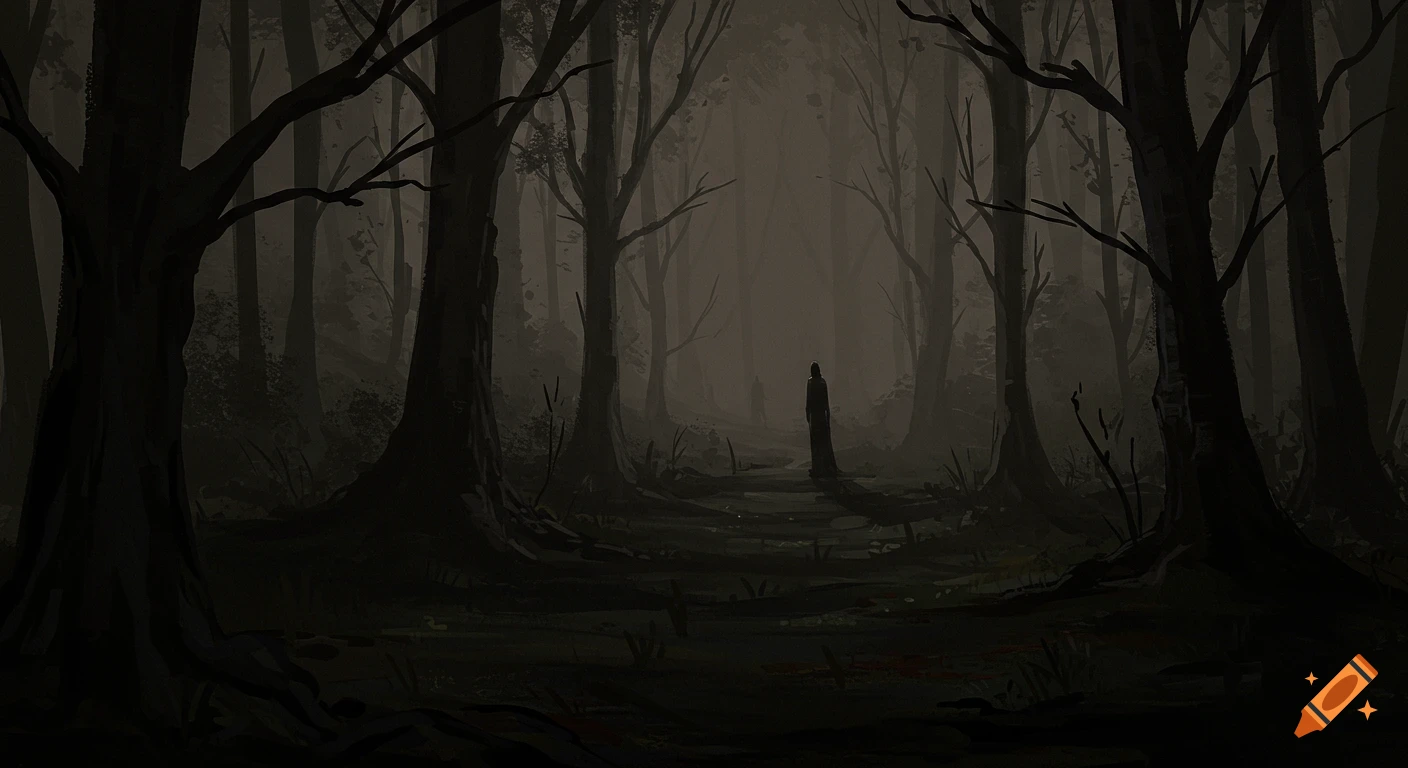 A dark, misty forest path with a lone silhouette of a person standing far down the path, in a painterly style.
