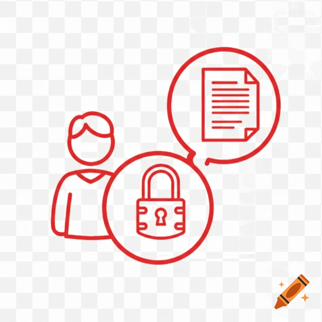 Red outline icon of a person with a security lock and a document in thought bubbles.