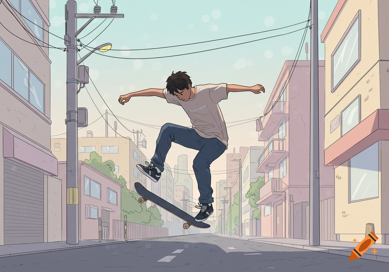 An anime-style illustration of a person doing a kickflip on a skateboard in a city street.