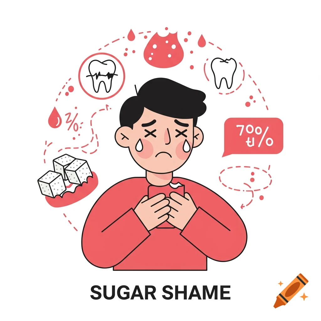 Illustration of a sad person crying while holding a wrapper, surrounded by sugar cubes, a decayed tooth, blood drops, and a speech bubble with text, conveying 'sugar shame'.