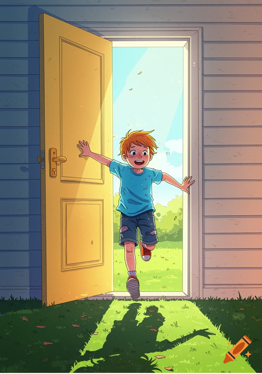 A happy ginger boy with freckles dashes out of a yellow front door into a sunny green yard in a cartoon style.