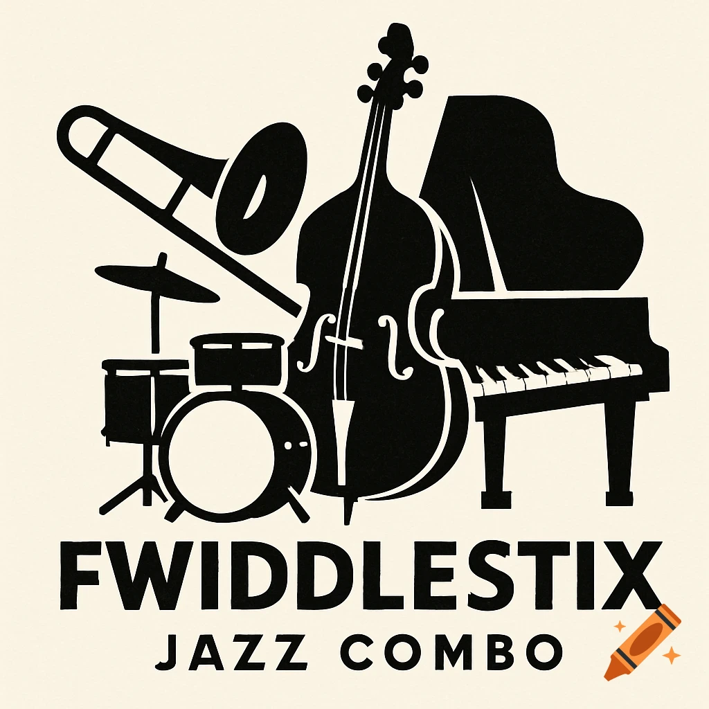 Black silhouette logo featuring a trombone, drum set, upright bass, and piano, with the text 'FWIDDLESTIX JAZZ COMBO' below.