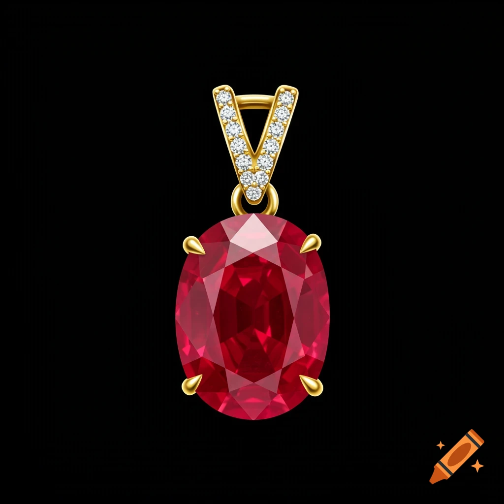 An oval ruby pendant with a golden diamond-studded bale on a black background.