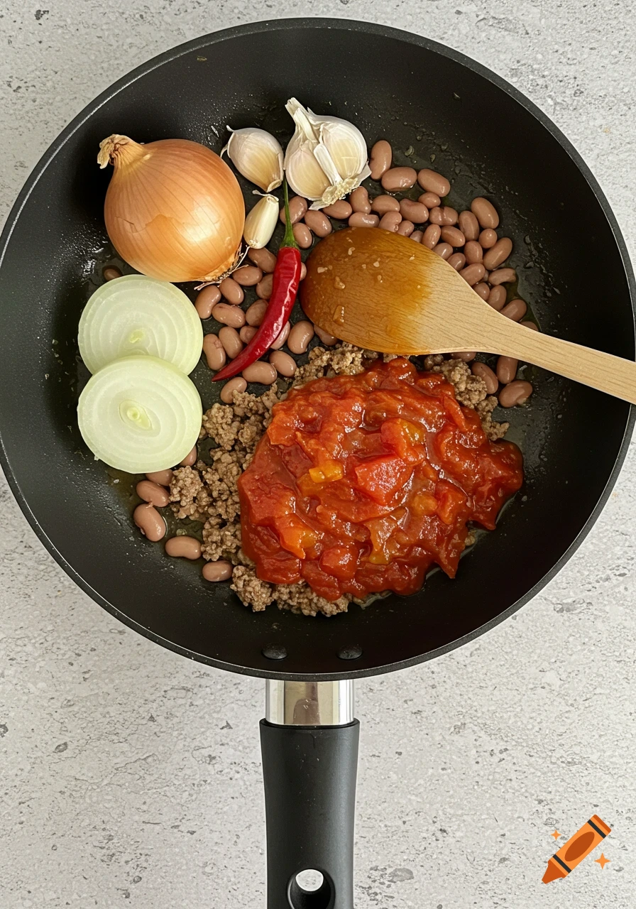 Top-down view of a frying pan with ingredients for chili: ground beef, diced tomatoes, beans, onions, garlic, and a red chili pepper, with a wooden spoon.