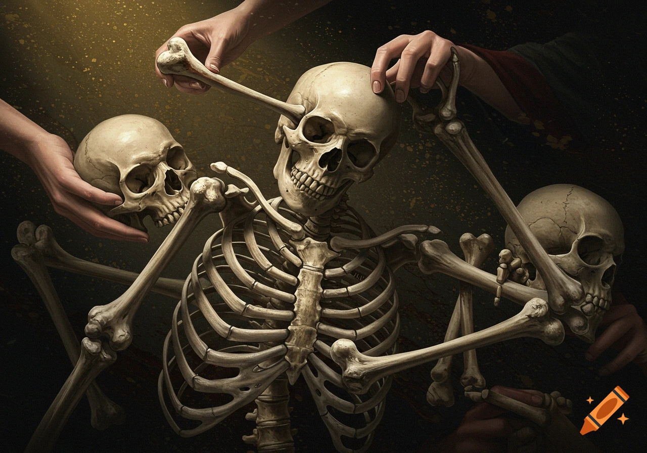 Human hands assemble several skeletons and loose bones on a dark, textured background.