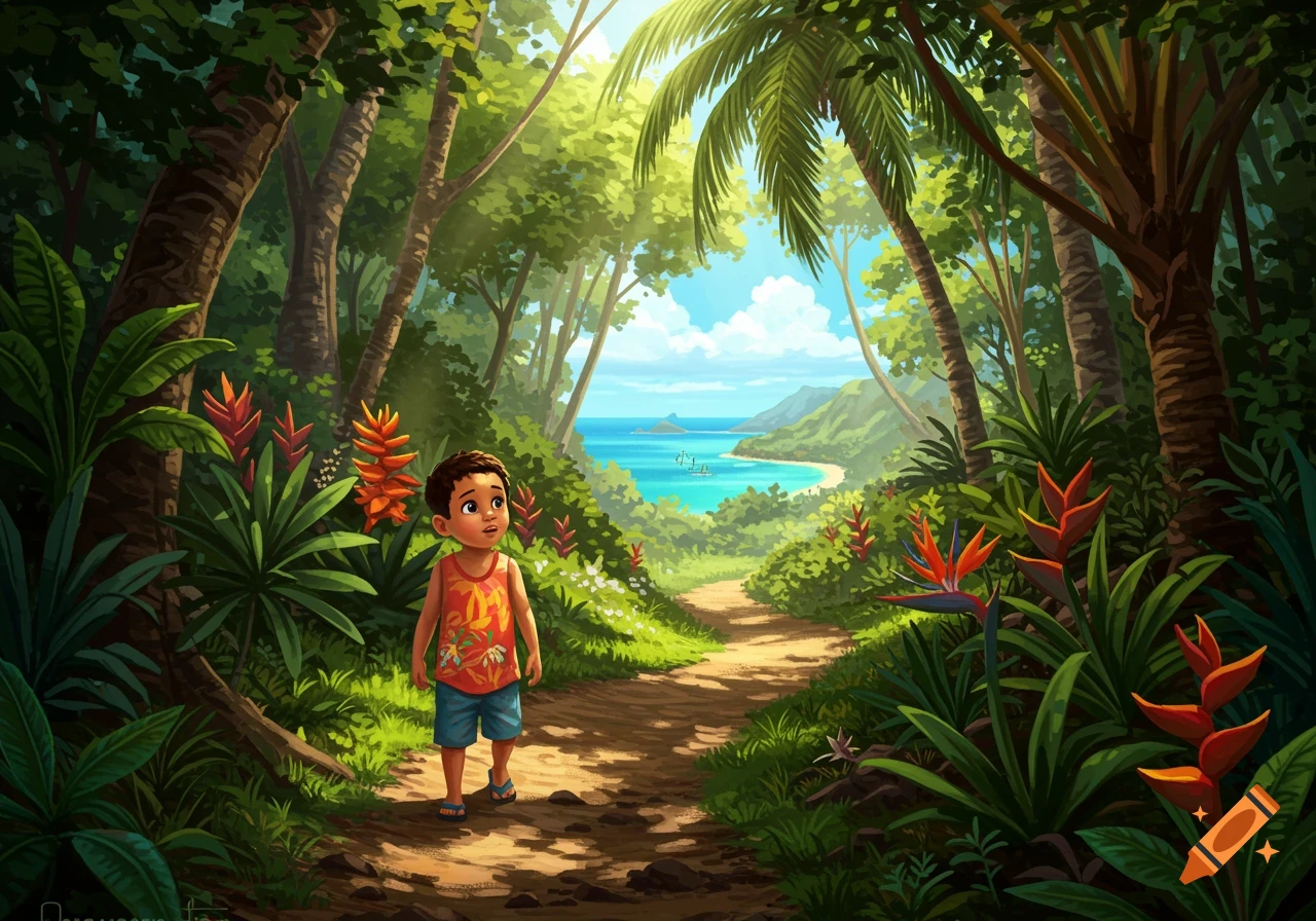 An illustrated young boy walks along a dirt path through a lush tropical forest towards a sunny beach and ocean.