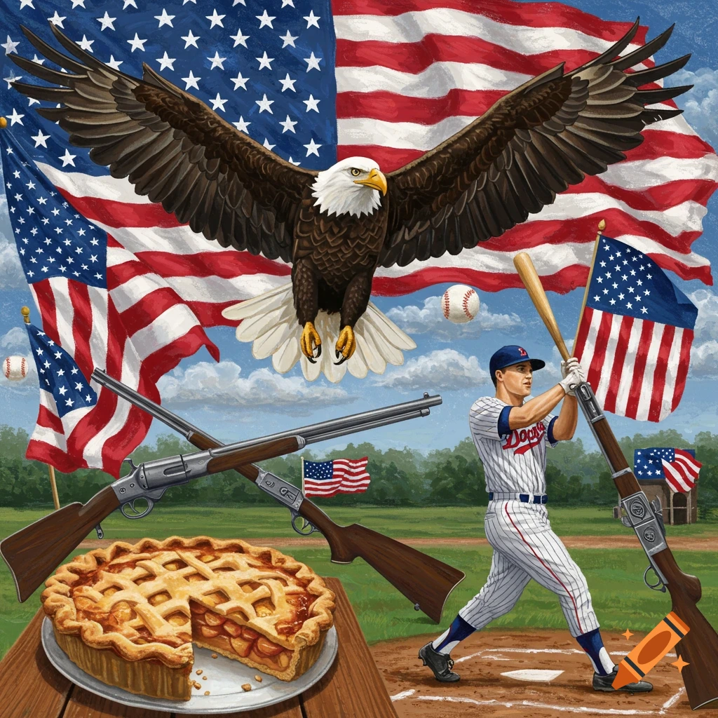 A bald eagle flies over multiple American flags with a baseball player batting, crossed rifles, and an apple pie, in a vibrant illustration style.