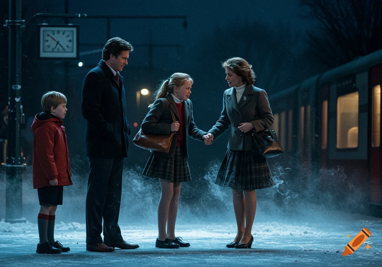 A family of four, including a mother holding her daughter's hand, stands on a snowy train platform on a dark evening. Photorealistic style.