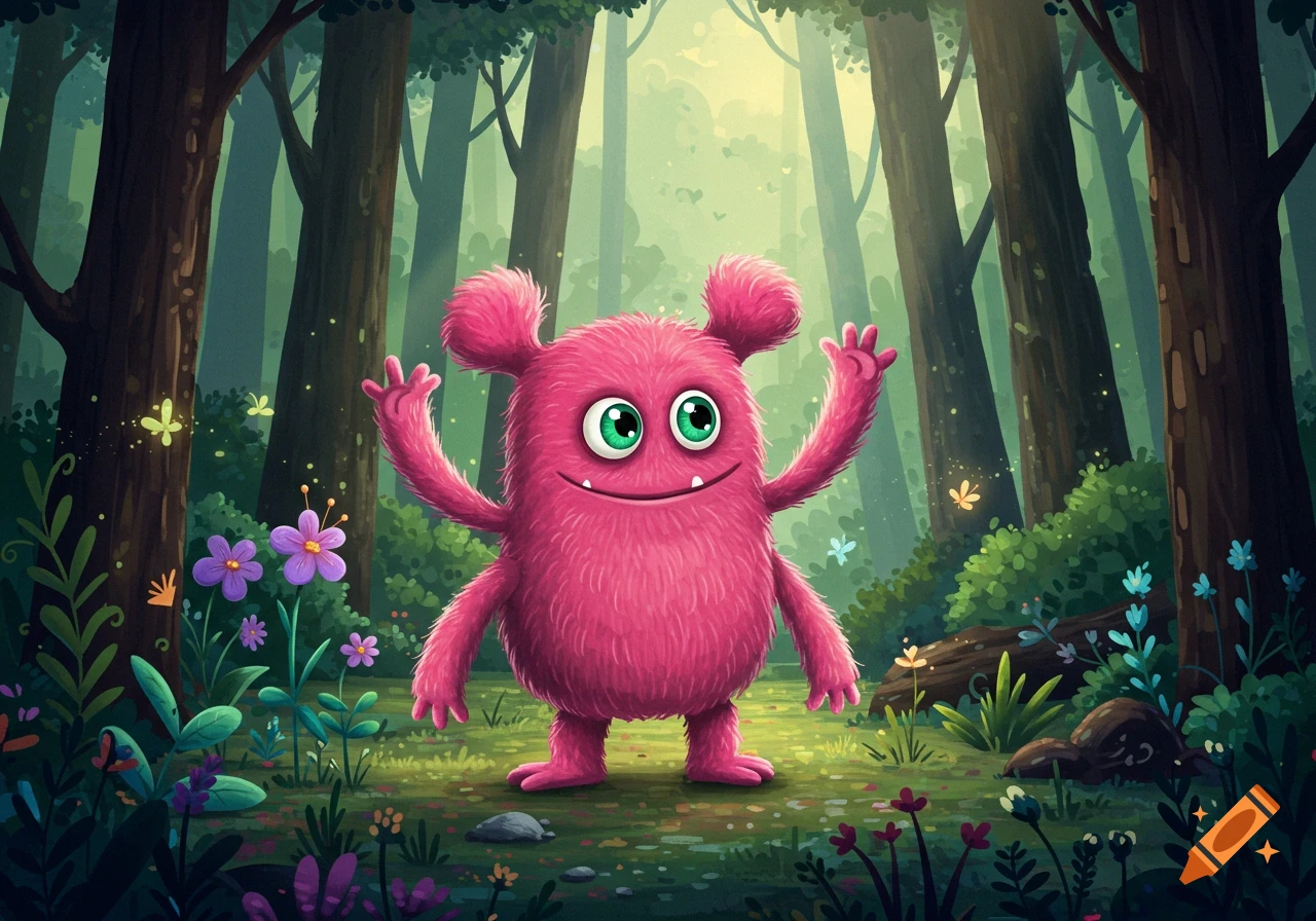 A cute, pink, furry cartoon monster with big green eyes smiles and raises its arms in a magical forest.