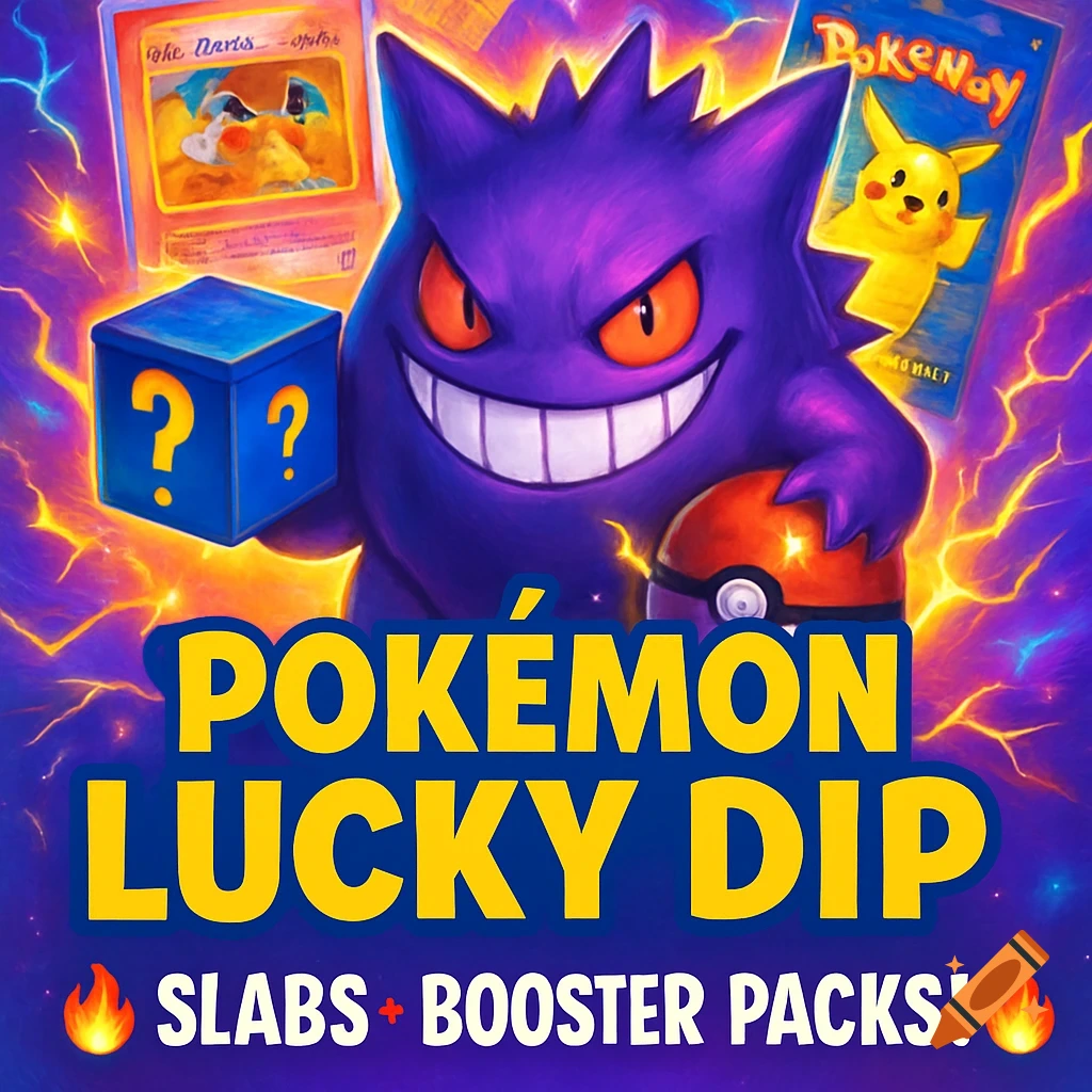 An energetic Pokémon-themed image featuring Gengar holding a Pokéball next to a blue mystery box with question marks. In the background are blurry lightning effects and distorted Pokémon cards. The bold text reads 'POKÉMON LUCKY DIP' and 'SLABS + BOOSTER PACKS!'.