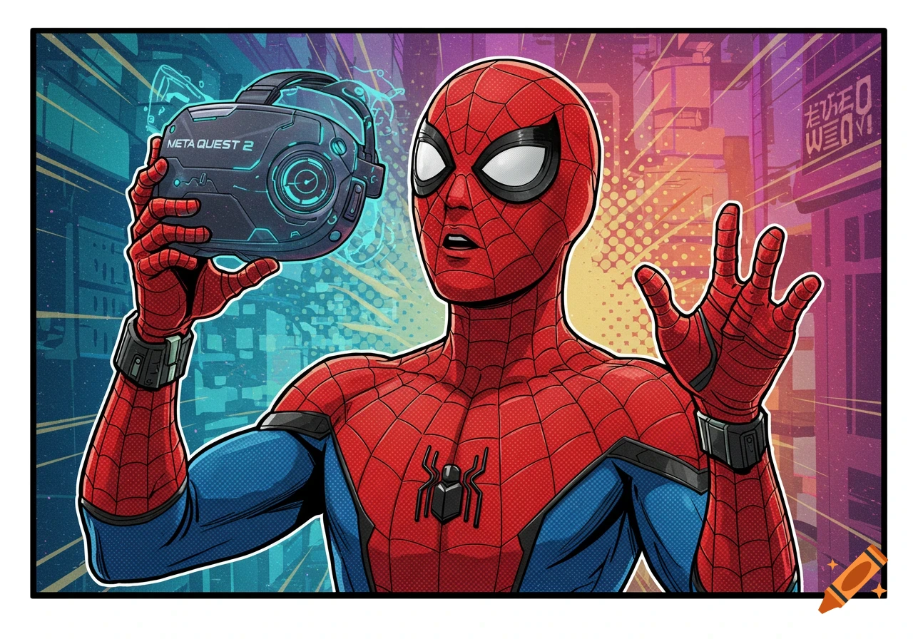 Comic style illustration of Spider-Man holding a Meta Quest 2 VR headset, with a city background.