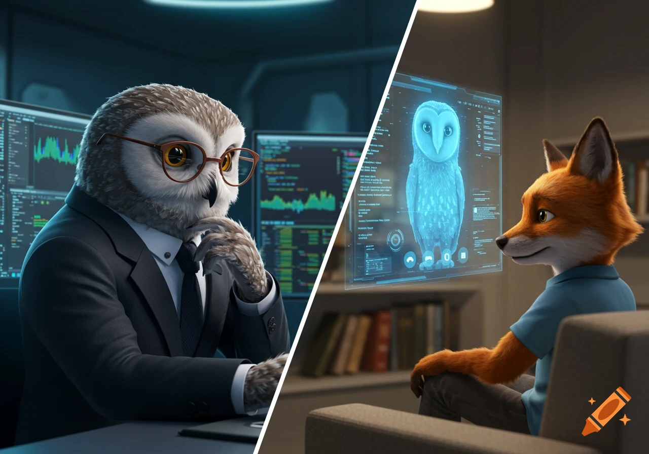 An anthropomorphic owl in a suit looking at data screens and a fox looking at a holographic owl display in a split-screen futuristic setting.