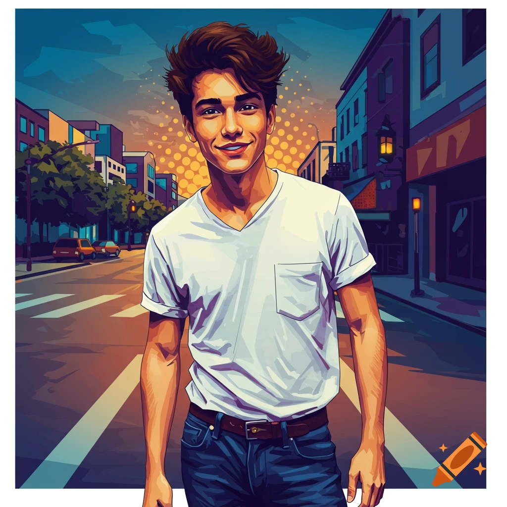 A smiling young man in a white t-shirt and jeans walks on a city street ...