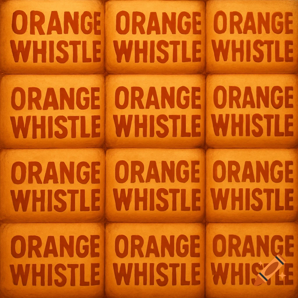 A repetitive pattern of orange rectangular panels, each with the words 'ORANGE WHISTLE' in red capital letters.