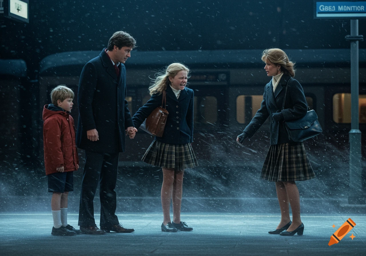 Photorealistic image of a family on a snowy train platform. A man holds a crying girl's hand, while a woman and a young boy look on.